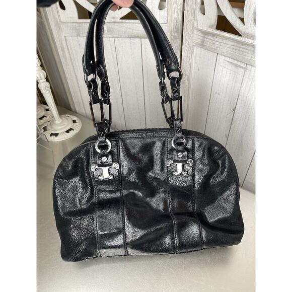 Tory Burch Black Sheen Crackle Leather Top Handle Bag Chunky Hardware Y2K - Picture 1 of 11